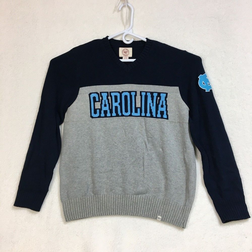 47 Brand NC Carolina Tar Heels Drop Back Sweater Mens Sz L Blue Gray Logo V Neck